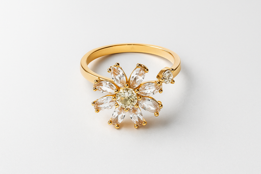 Floral Bloom Designer Ring – Gold Finish with Sparkling White Stones
