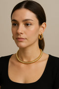 Chic Gold Ribbed Omega Choker Necklace & Matching Hoop Earrings Jewellery Set