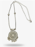 Ethnic Floral Circular Oxidized Silver Long Pendant Necklace