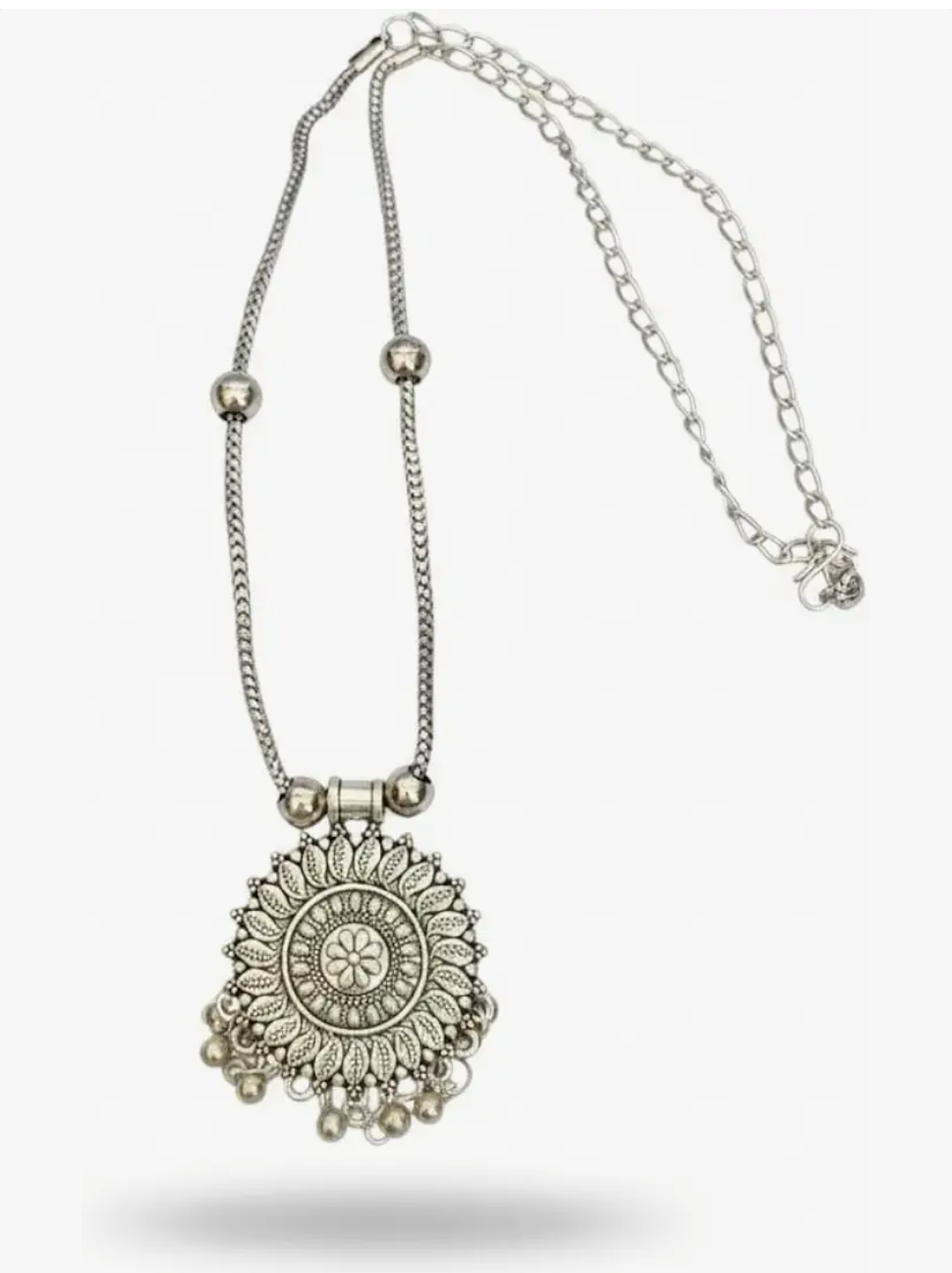 Ethnic Floral Circular Oxidized Silver Long Pendant Necklace
