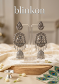 Ethnic Radha Krishna Motif Crescent Oxidized Silver Jhumka Earrings