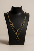 Elegant Gold-Plated Double Layered Black Clover Pendant Necklace for Women