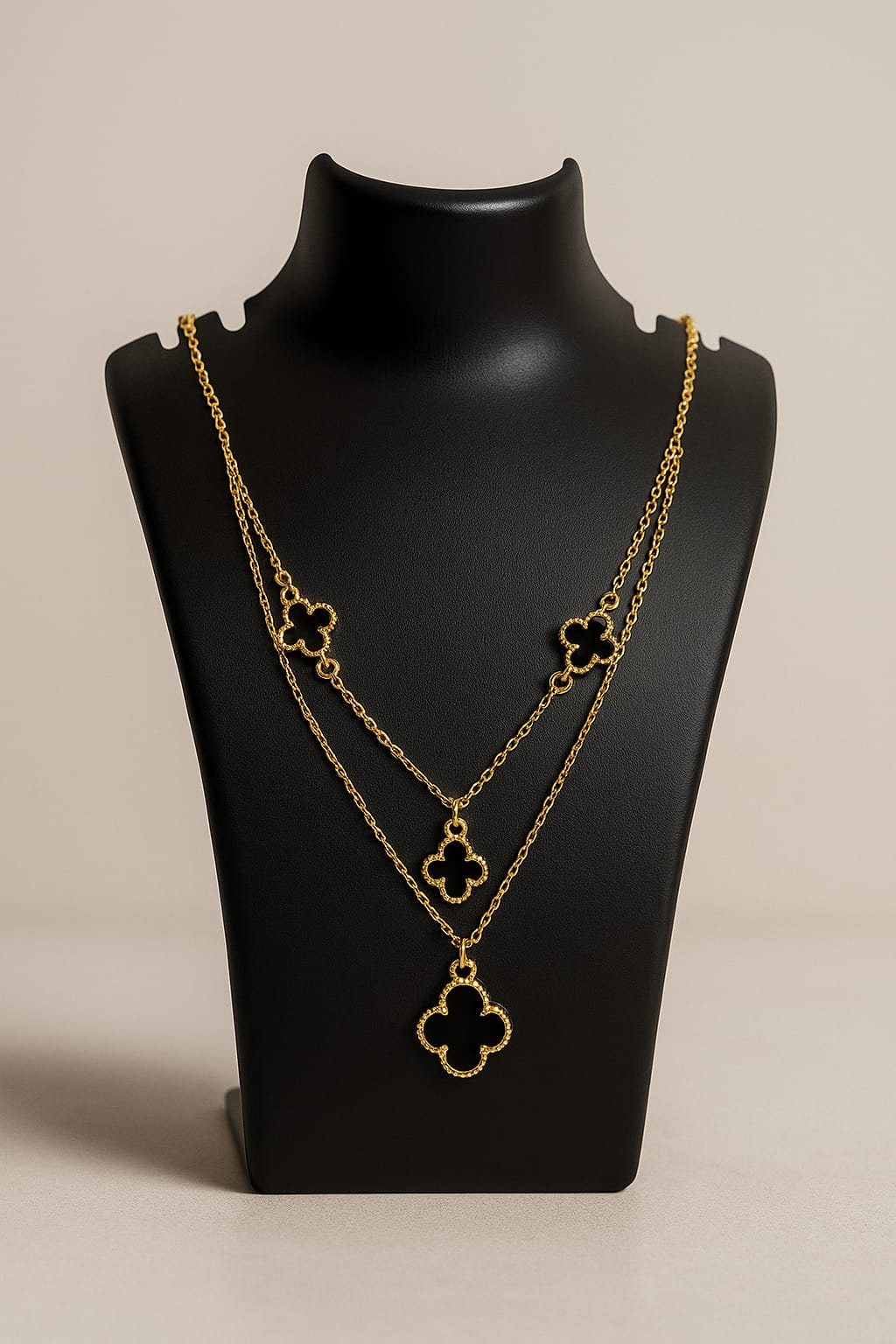 Elegant Gold-Plated Double Layered Black Clover Pendant Necklace for Women