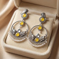 Ethnic Elephant Motif Oxidized Silver Chandbali Earrings with Yellow Stones