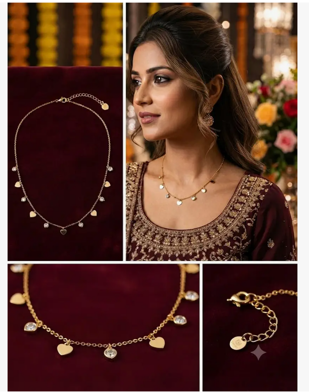 Delicate Gold Plated Heart & Crystal Charm Station Choker Necklace
