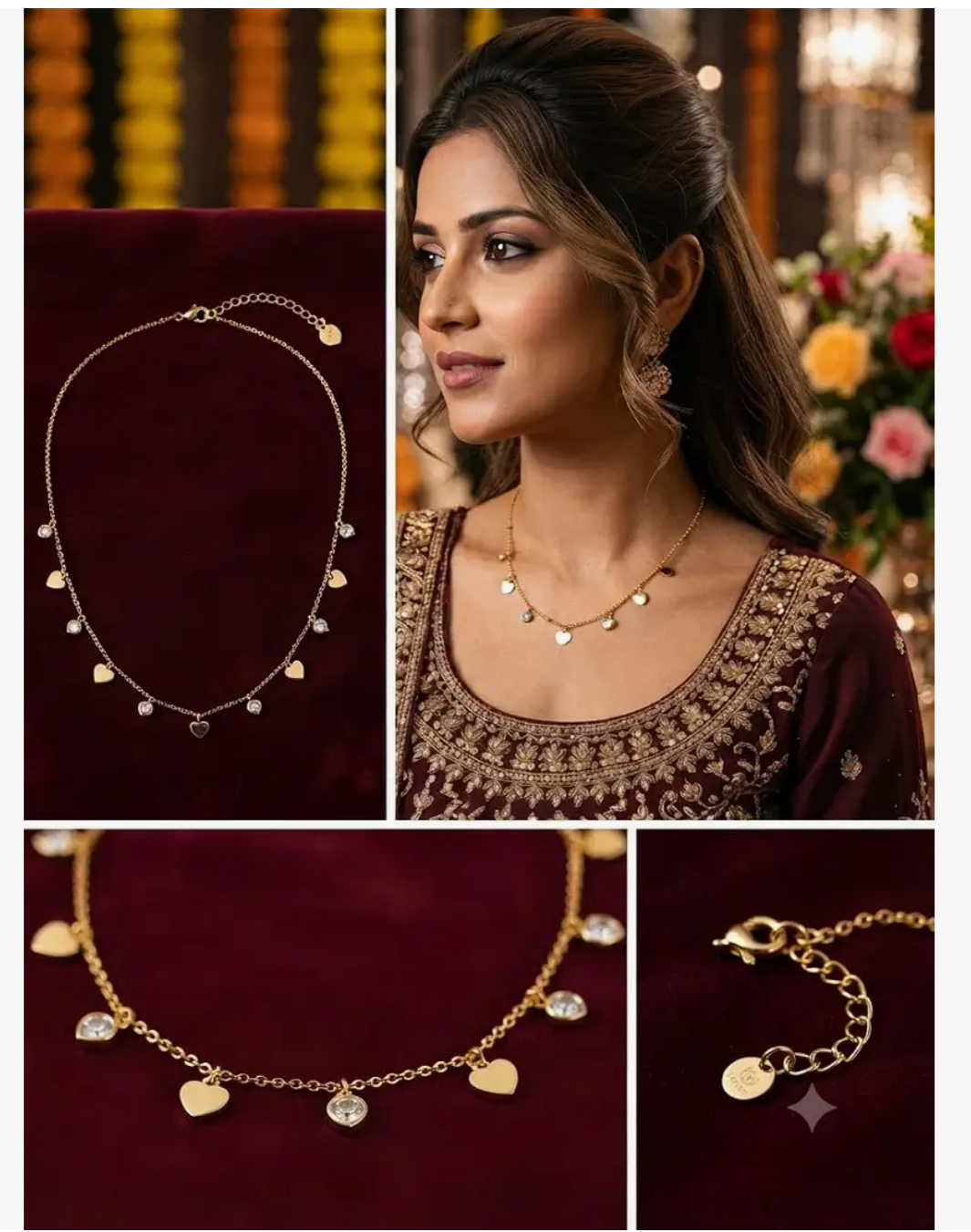 Delicate Gold Plated Heart & Crystal Charm Station Choker Necklace