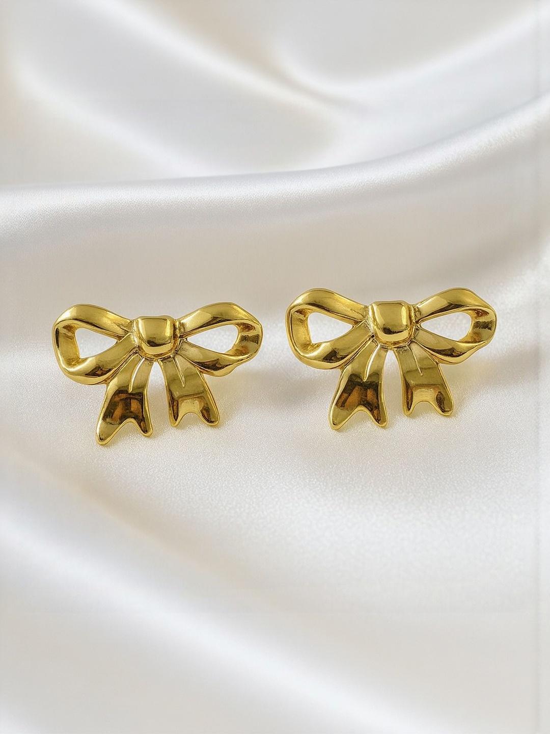 Coquette Aesthetic Gold Polish Smooth Ribbon Bowknot Stud Earrings