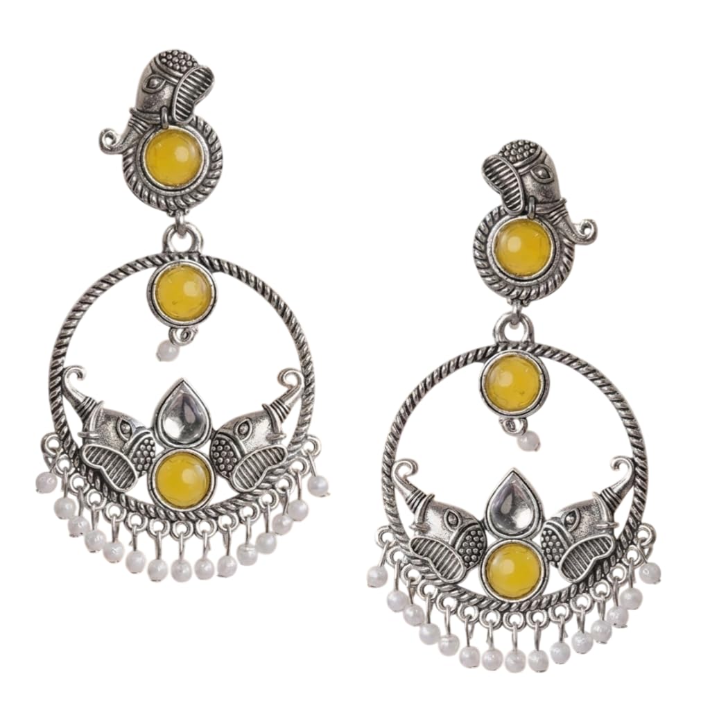 Ethnic Elephant Motif Oxidized Silver Chandbali Earrings with Yellow Stones