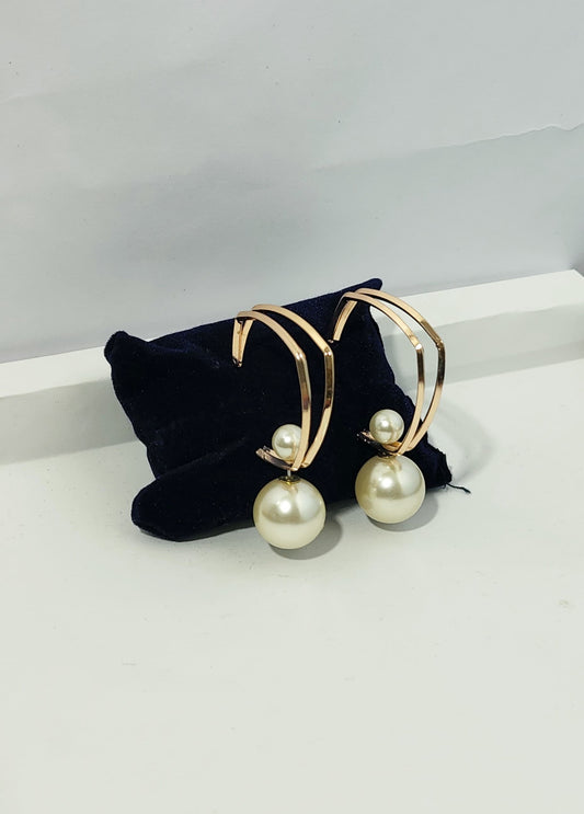 Gold Geometric Hoop Earrings with Dual Pearl Drops