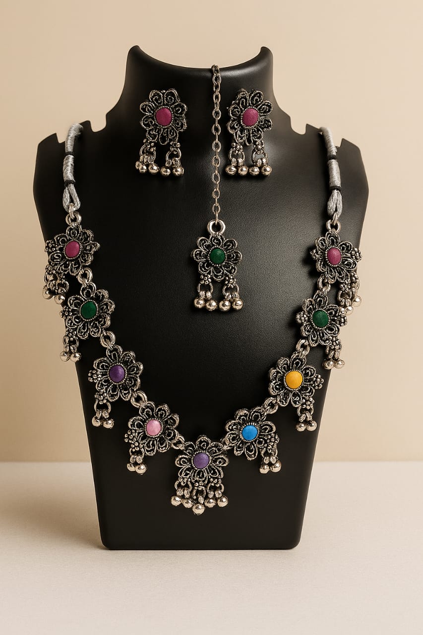 Stunning Tribal-Inspired Oxidised Silver Multicolour Enamel Style Jewellery Set - Includes Necklace, Earrings, Maang