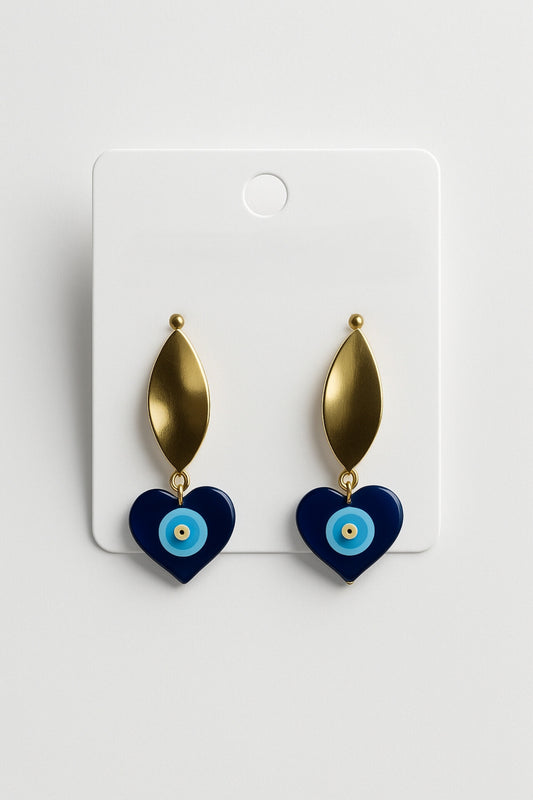 Gold & Blue Evil Eye Heart Drop Earrings – Protective Charm Design