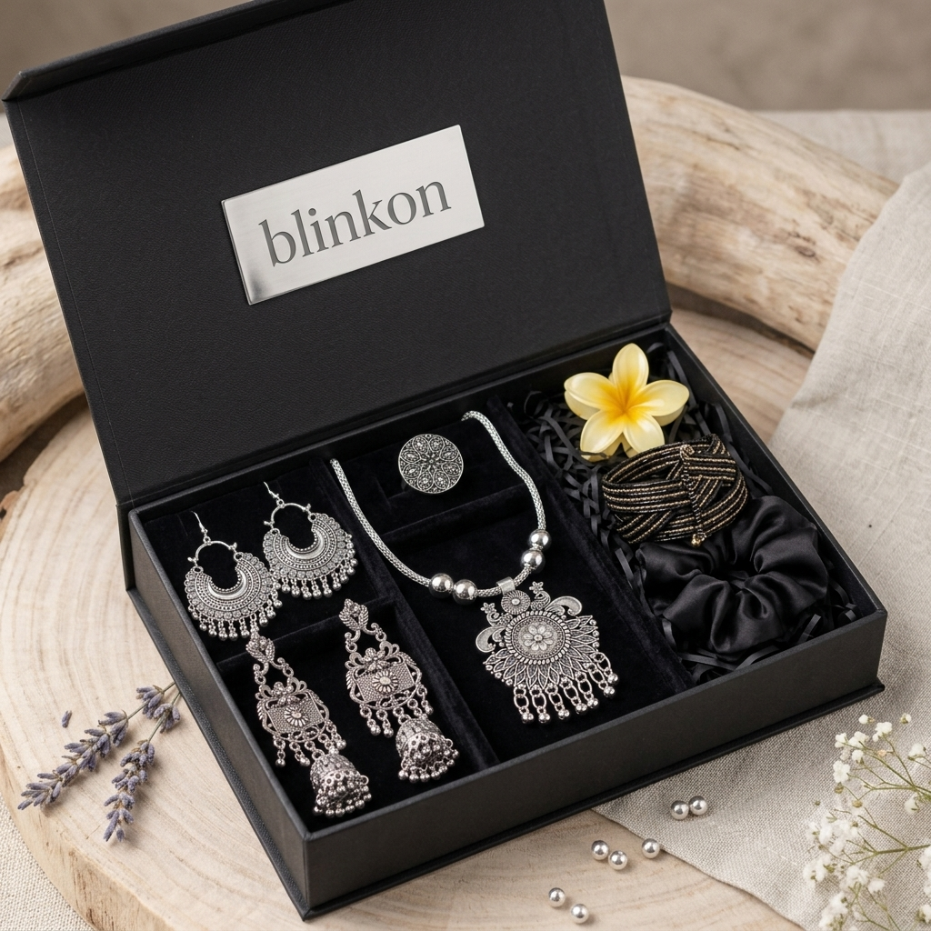 Blinkon Luxurious Oxidized Silver Jewellery & Styling Gift Hamper Box (Complete Set)