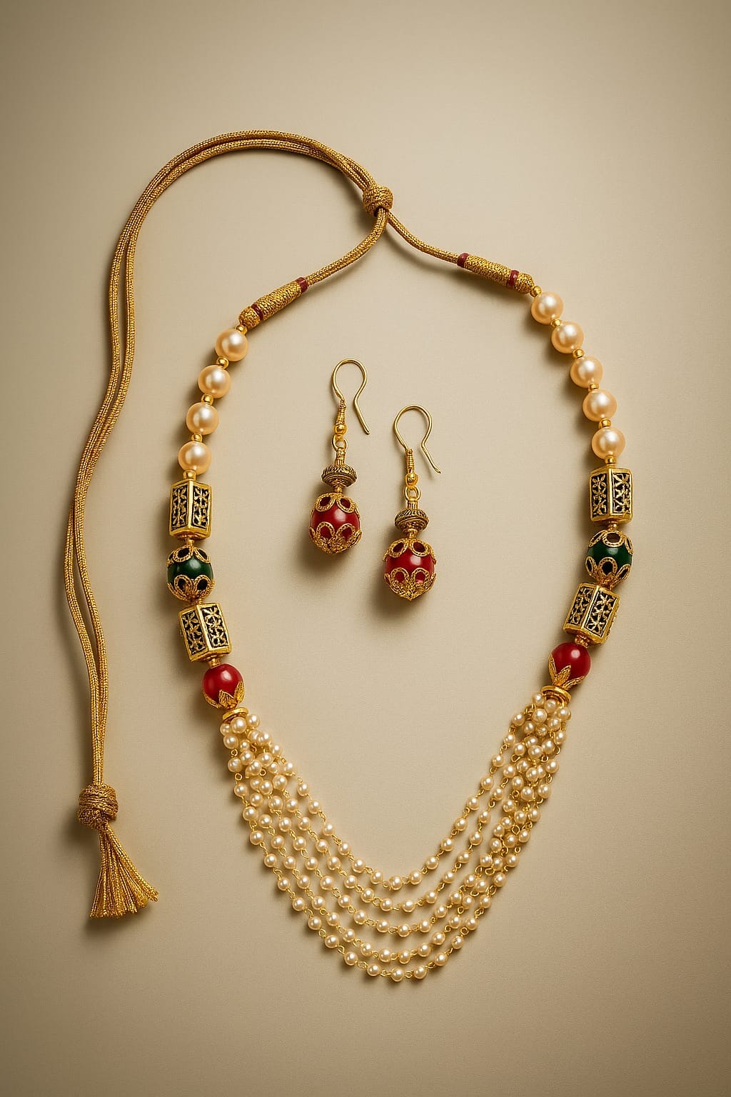 Ethnic Multi-Strand Pearl Haar with Red & Green Enamel Beads & Matching Earrings