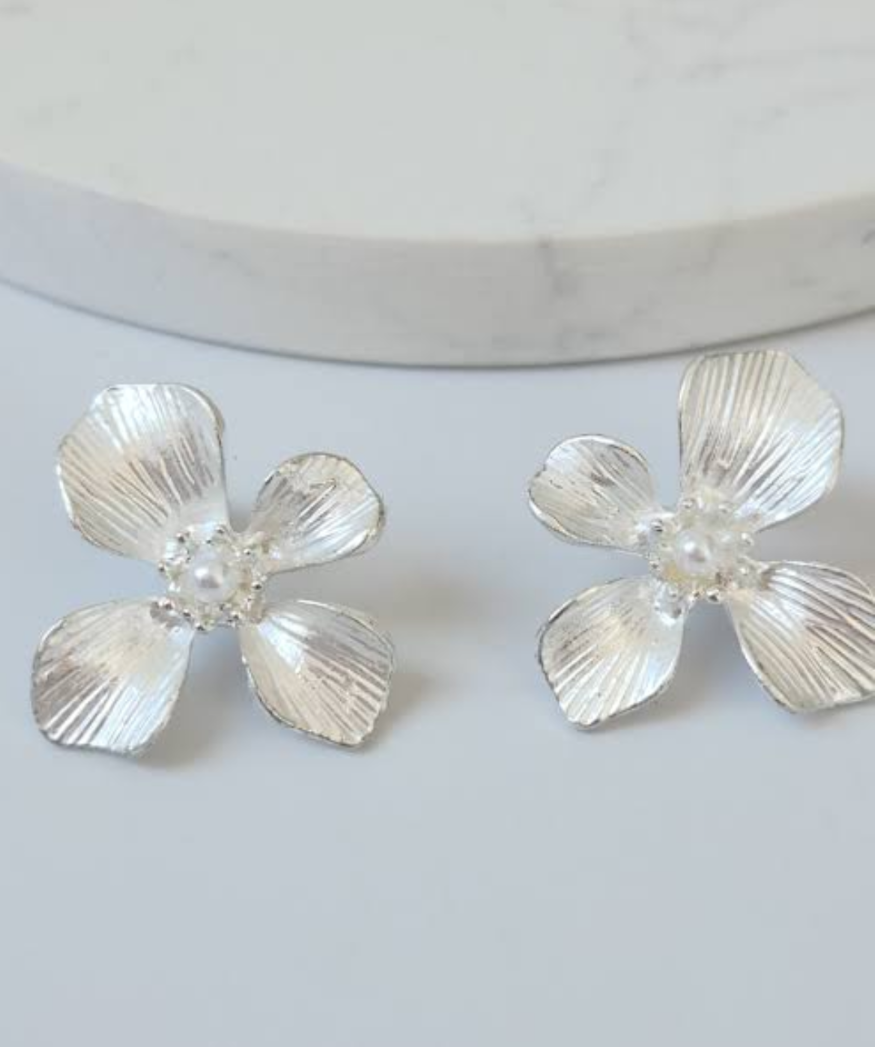 Silver Floral Pearl Stud Earrings for Women | Elegant Artificial Jewellery | Blinkon Store