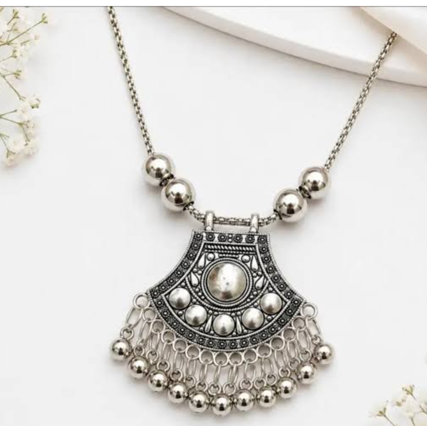 Ethnic Tribal Oxidized Silver Pendant Necklace with Ghungroo Drops