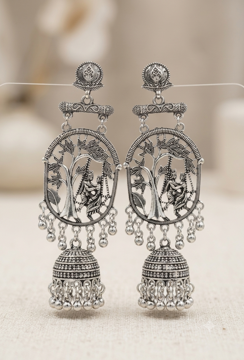 Ethnic Radha Krishna Swing Motif Oxidized Silver Jhumka Earrings