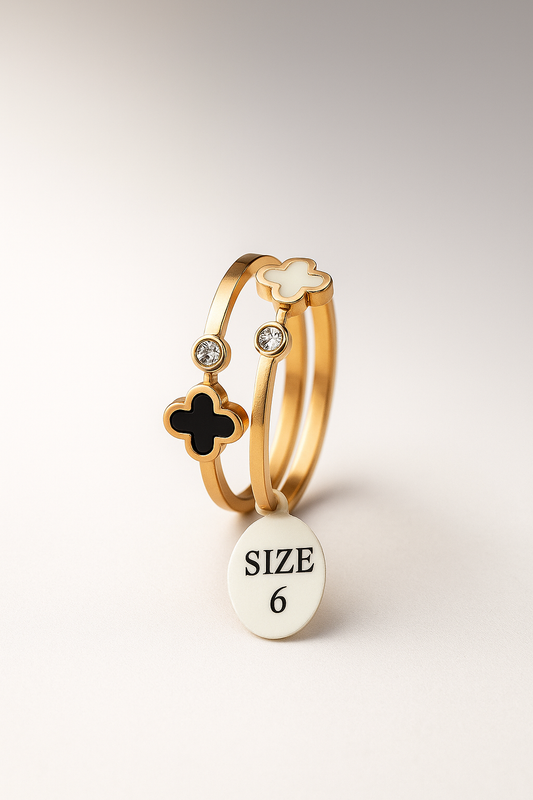 Elegant Dual Band Designer Ring Set – Black & White Clover with Crystal Accent