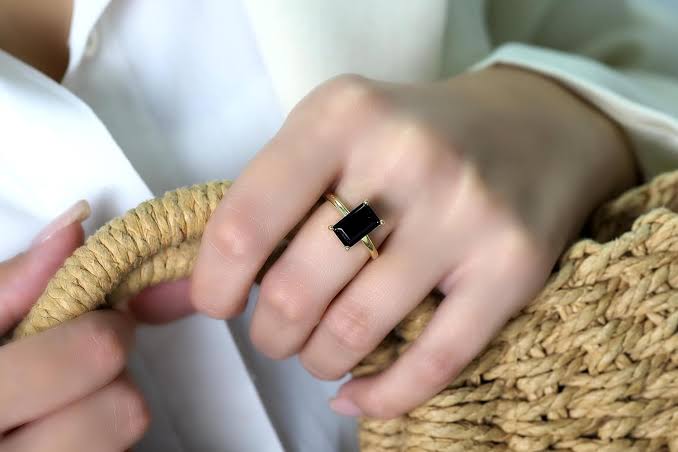 Dainty Gold Plated Emerald Cut Black Onyx Solitaire Ring