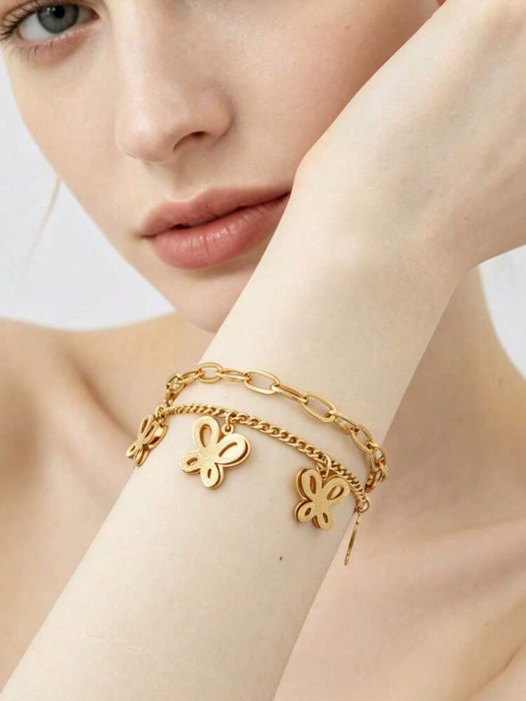 Elegant Double Layer Gold Plated Butterfly Charm Bracelet for Women