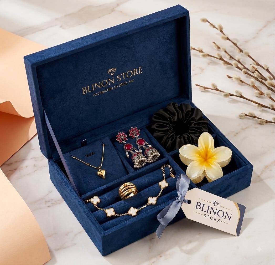 Royal Blue Velvet Keepsake Jewelry Gift Box Set with Anti-Tarnish Jewelry Collection