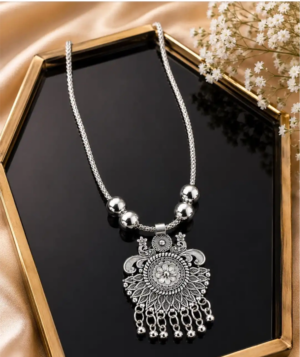 Ethnic Peacock & Floral Oxidized Silver Statement Pendant Necklace