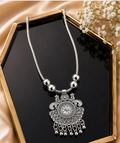 Ethnic Peacock & Floral Oxidized Silver Statement Pendant Necklace