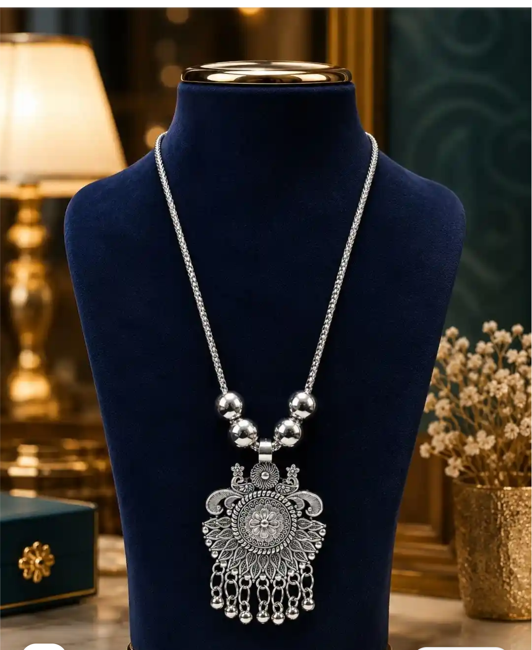 Ethnic Peacock & Floral Oxidized Silver Statement Pendant Necklace