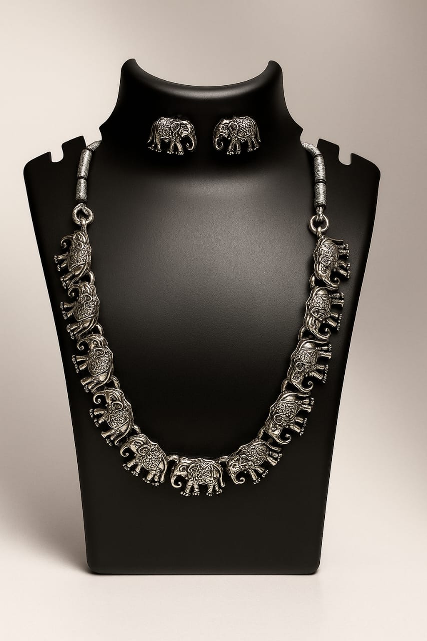 Antique Silver Plated Royal Elephant Design Haar Set | Ethnic Tribal Jewellery for Sarees & Kurtis