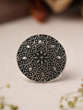 Ethnic Intricate Floral Mandala Circular Oxidized Silver Statement Ring