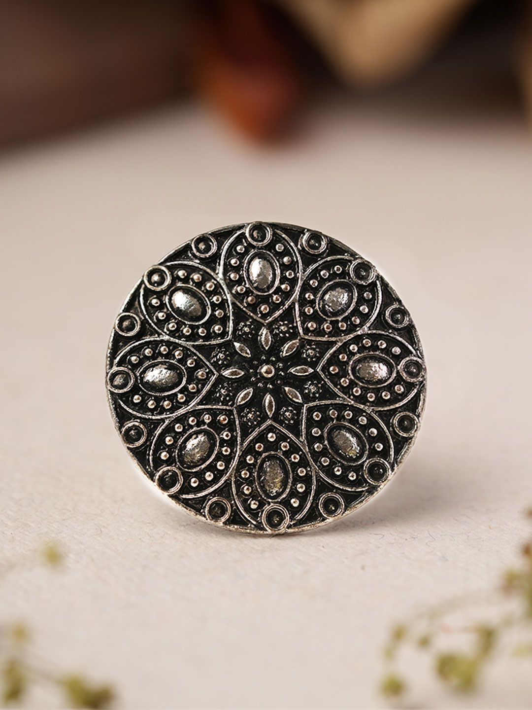 Ethnic Intricate Floral Mandala Circular Oxidized Silver Statement Ring