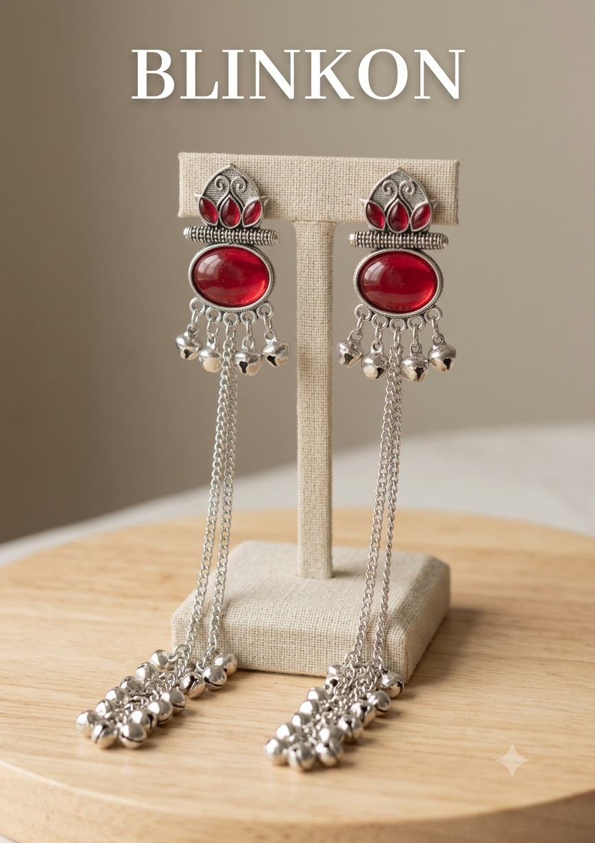 Ethnic Ruby Red Stone Oxidized Silver Long Chain Tassel Earrings