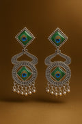 Oxidised Silver Peacock Feather Enamel Drop Earrings with Ghungroo Beads for Women