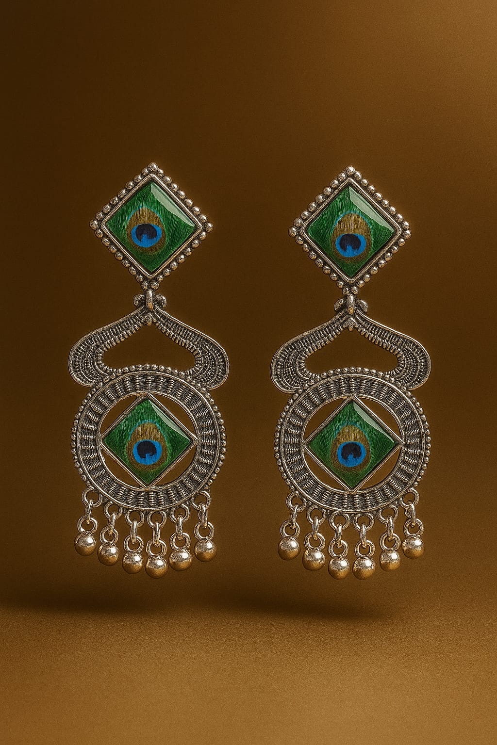 Oxidised Silver Peacock Feather Enamel Drop Earrings with Ghungroo Beads for Women