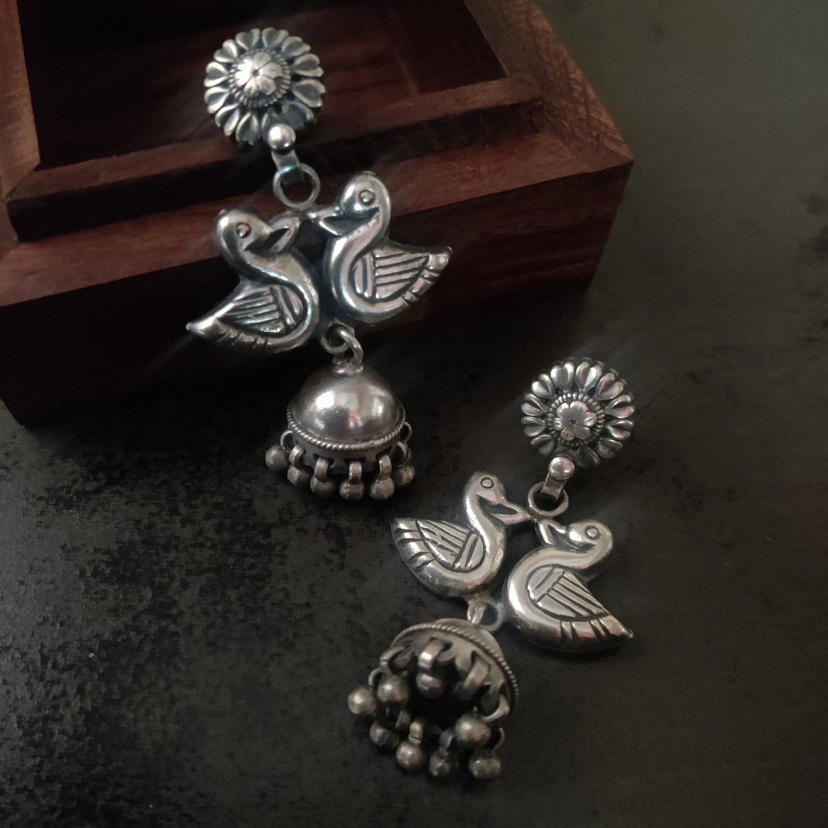Ethnic Twin Swan / Duck Motif Oxidized Silver Jhumka Earrings