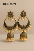Antique Gold Plated Butterfly Chandbali Jhumka Earrings with Pearls & Green-Maroon Stones