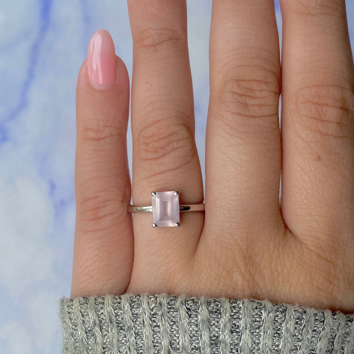 Classic Silver Plated Emerald Cut Soft Pink Crystal Solitaire Ring
