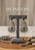 Ethnic Emerald Green Stone Oxidized Silver Filigree Earrings with Pearl Drops