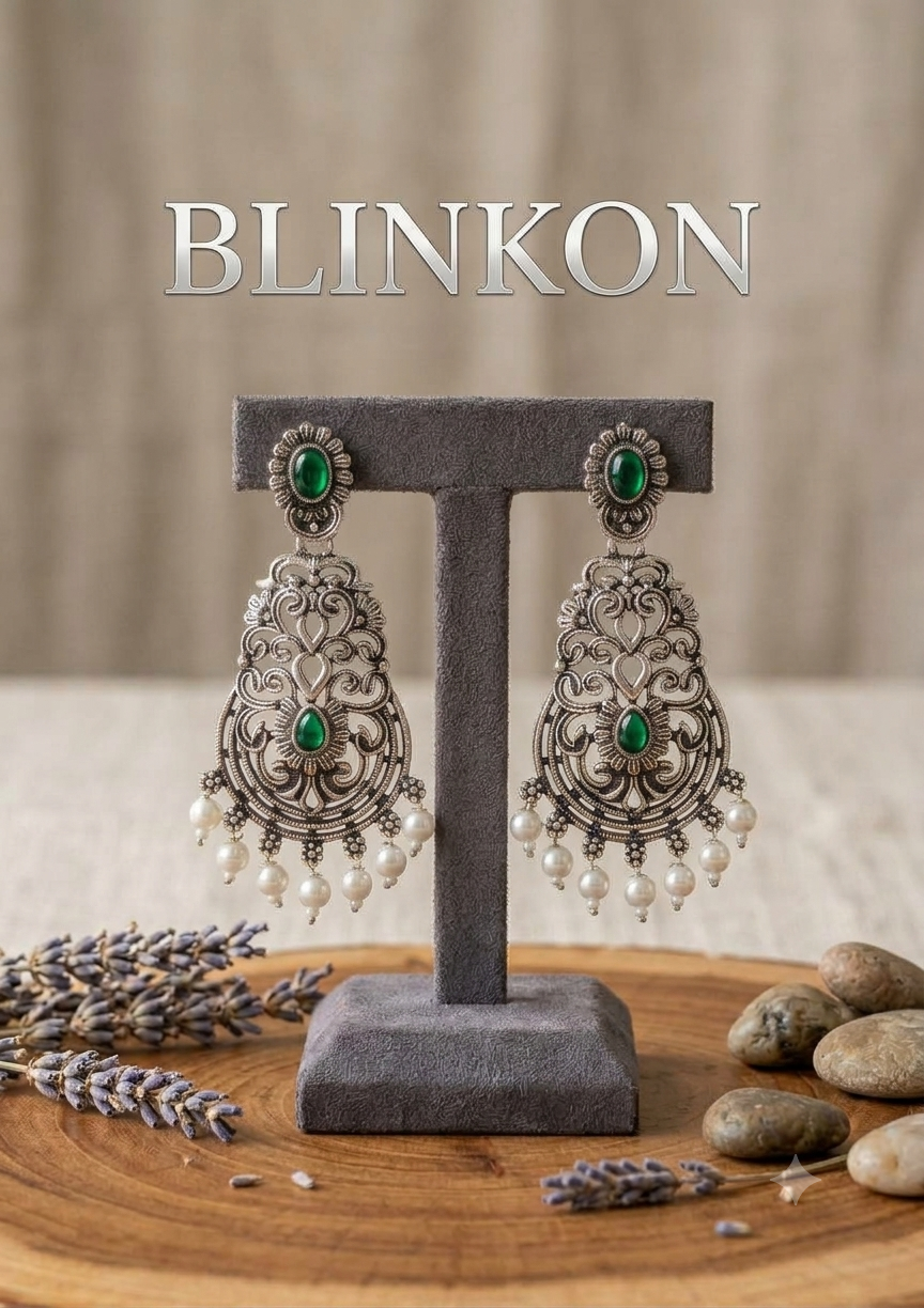 Ethnic Emerald Green Stone Oxidized Silver Filigree Earrings with Pearl Drops