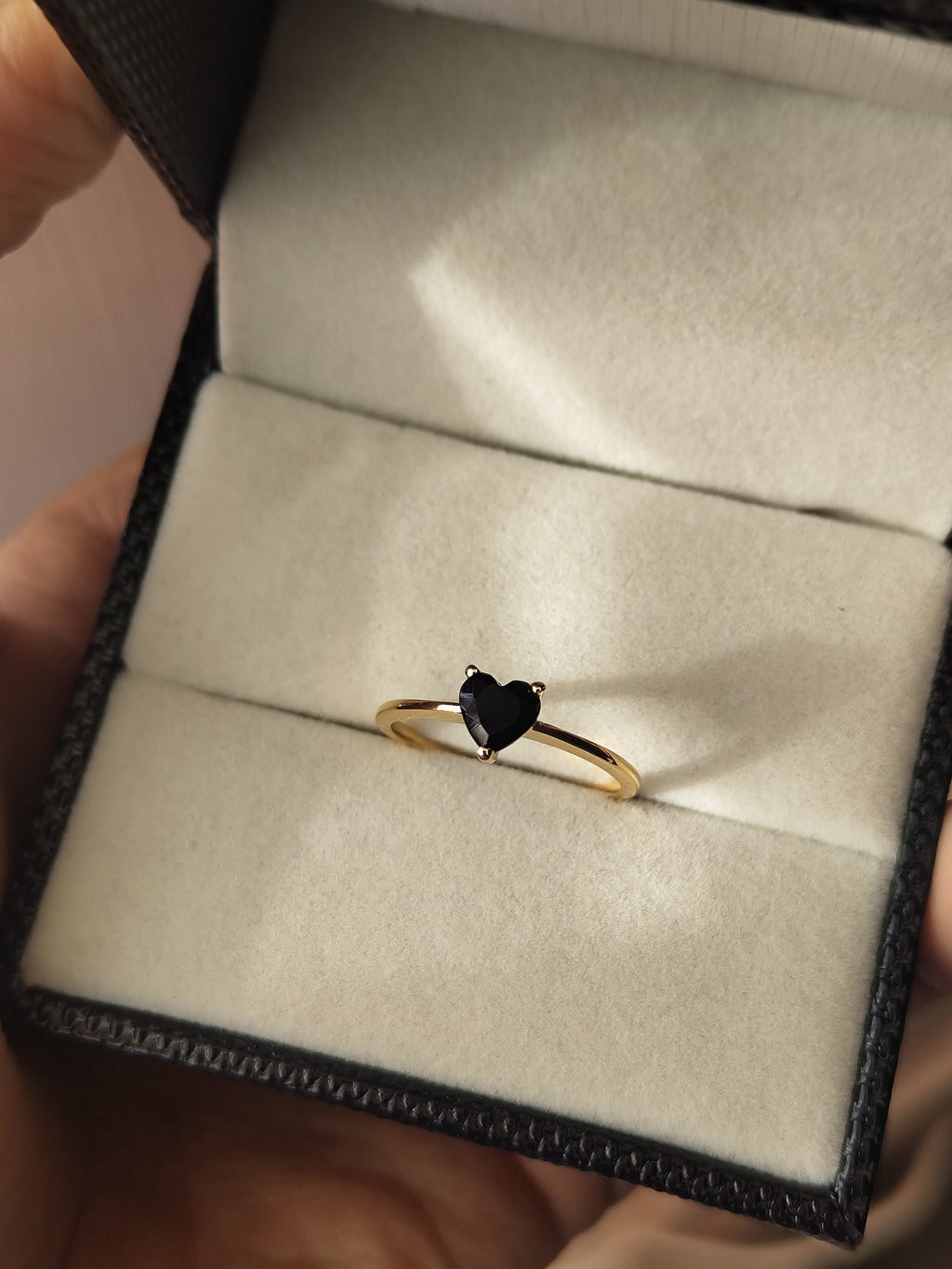 Dainty Gold Plated Black Onyx Heart Solitaire Ring