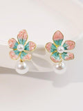 Pink & Blue Floral Pearl Drop Earrings for Women | Blinkon Store