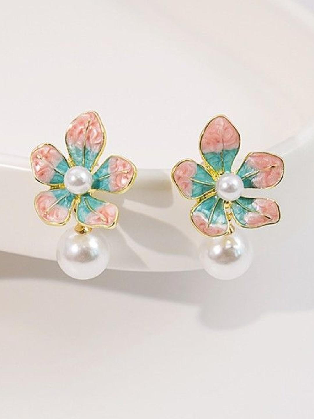Pink & Blue Floral Pearl Drop Earrings for Women | Blinkon Store