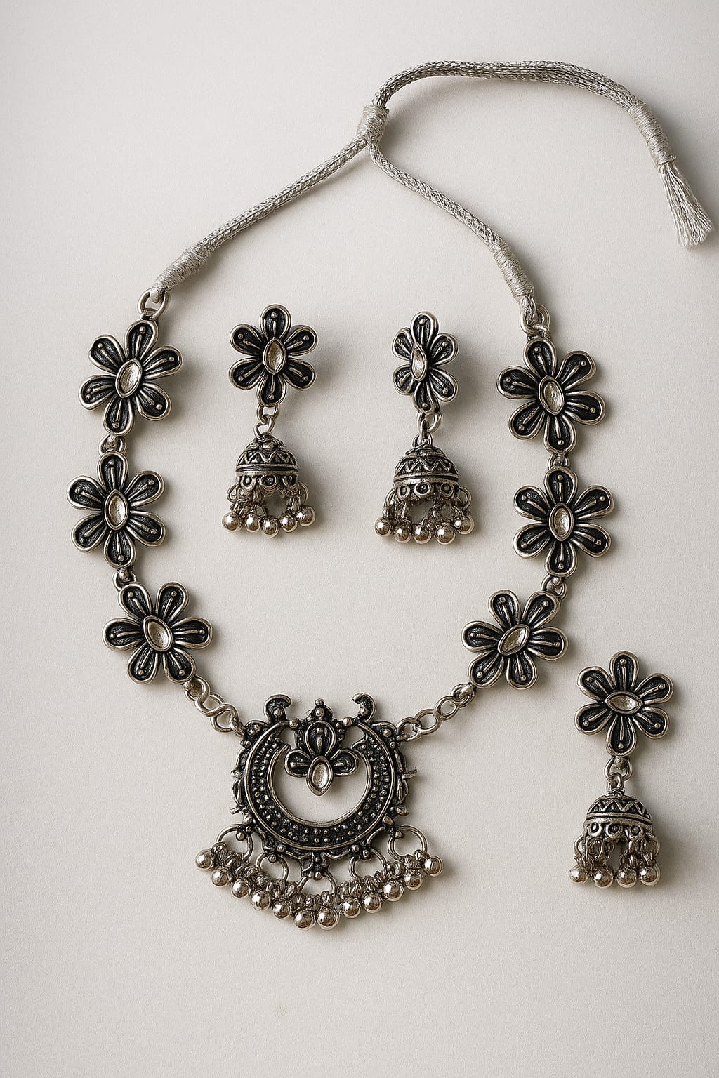 Traditional German Silver Floral Crescent Pendant Necklace & Jhumki Set