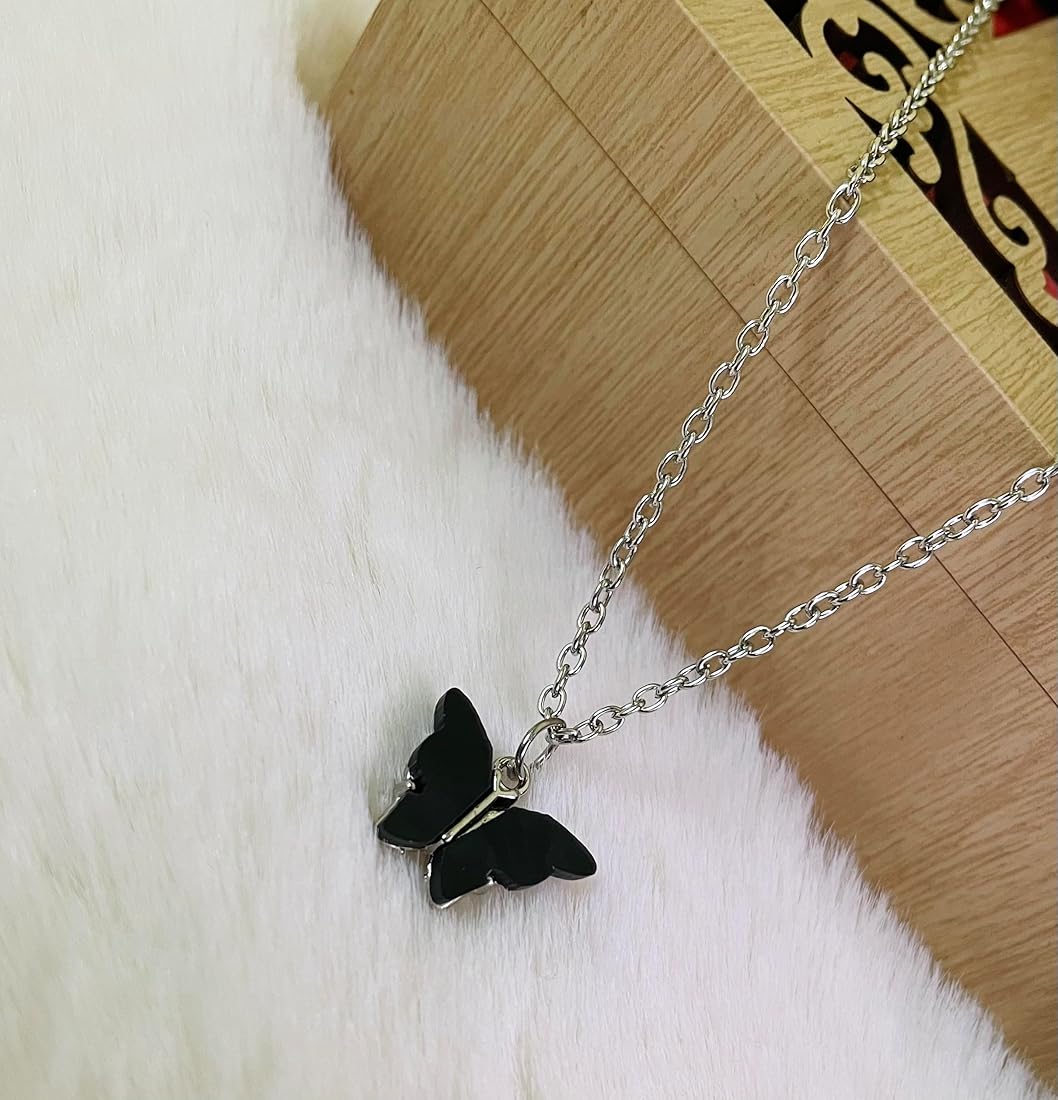 Blinkon Store Black Butterfly Pendant Silver Chain Necklace