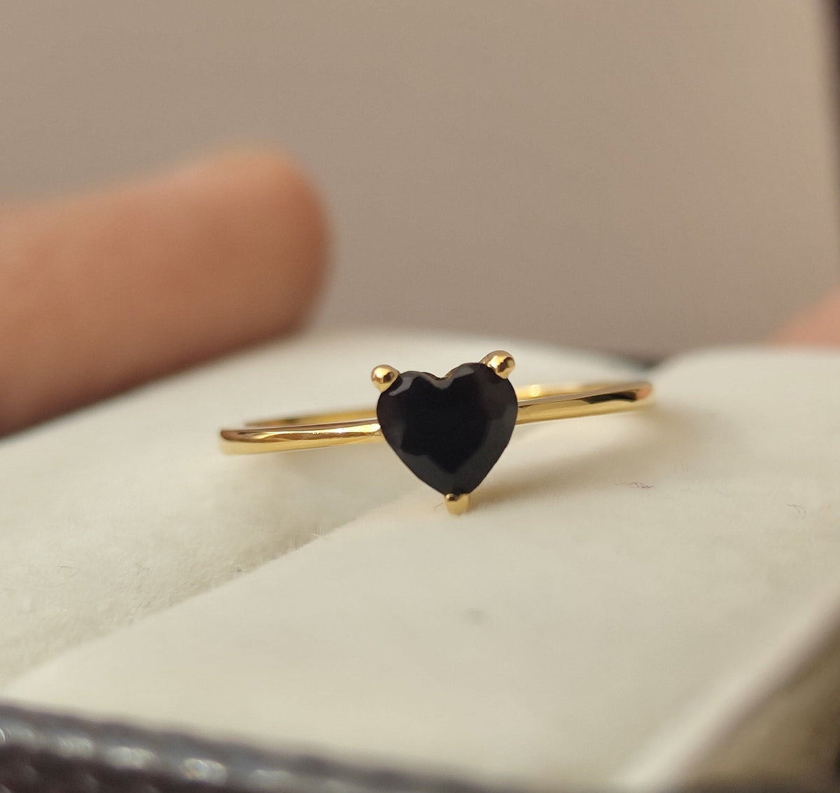 Dainty Gold Plated Black Onyx Heart Solitaire Ring