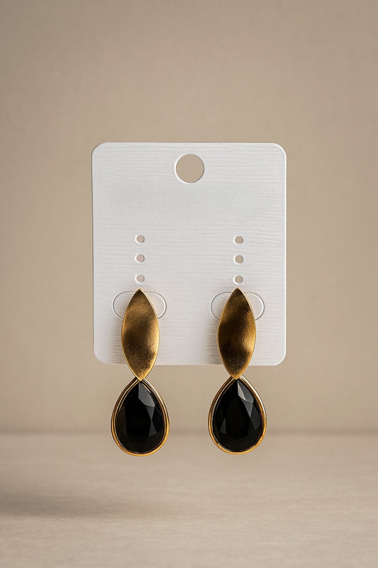 Elegant Teardrop Black Stone Earrings – Antique Gold Finish