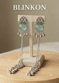 Ethnic Sea Green Stone Oxidized Silver Long Chain Tassel Earrings