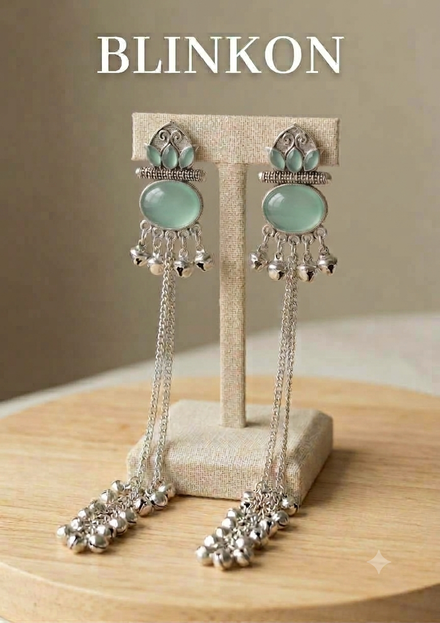 Ethnic Sea Green Stone Oxidized Silver Long Chain Tassel Earrings