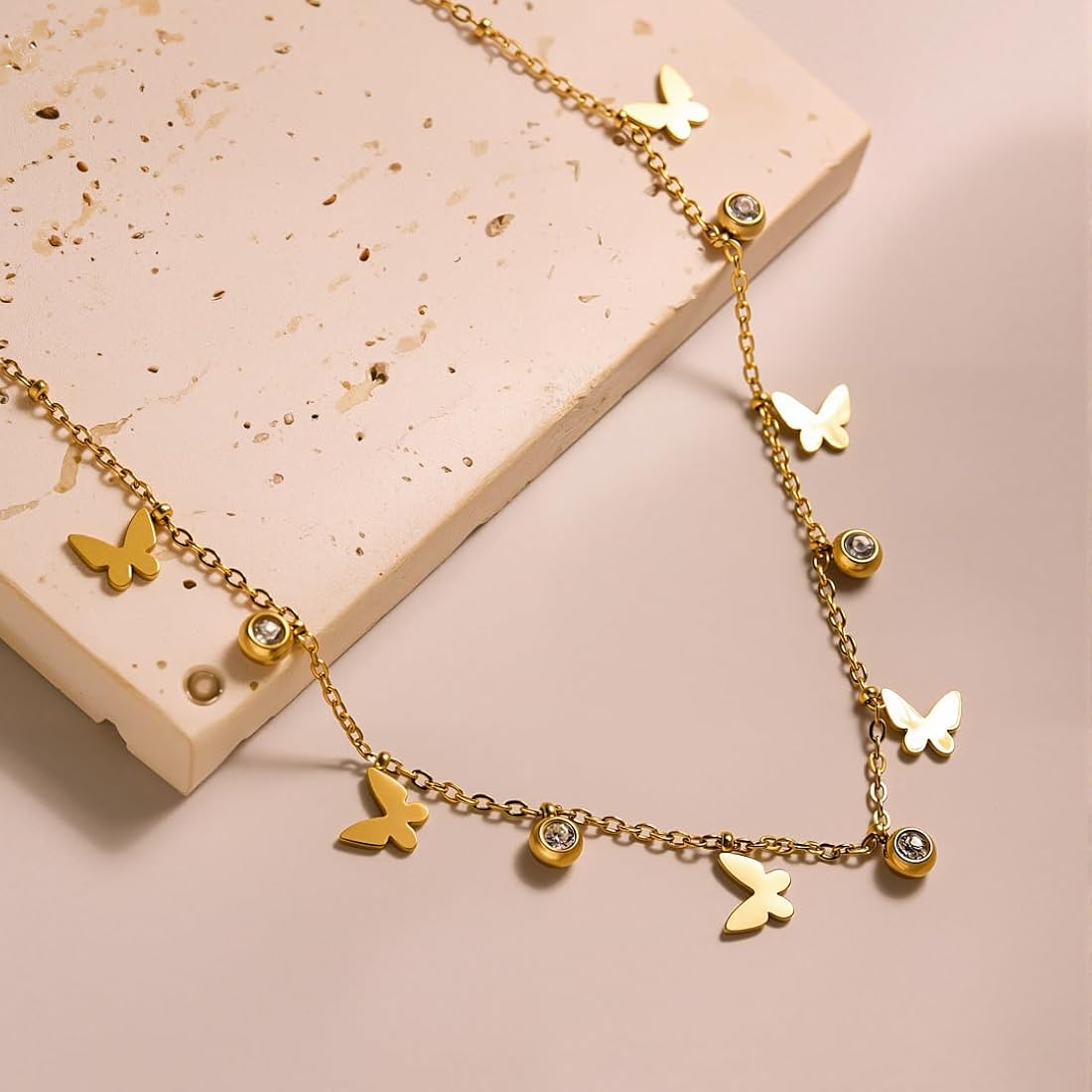 Dainty Gold Plated Butterfly Charm & Bezel CZ Stone Drop Choker Necklace