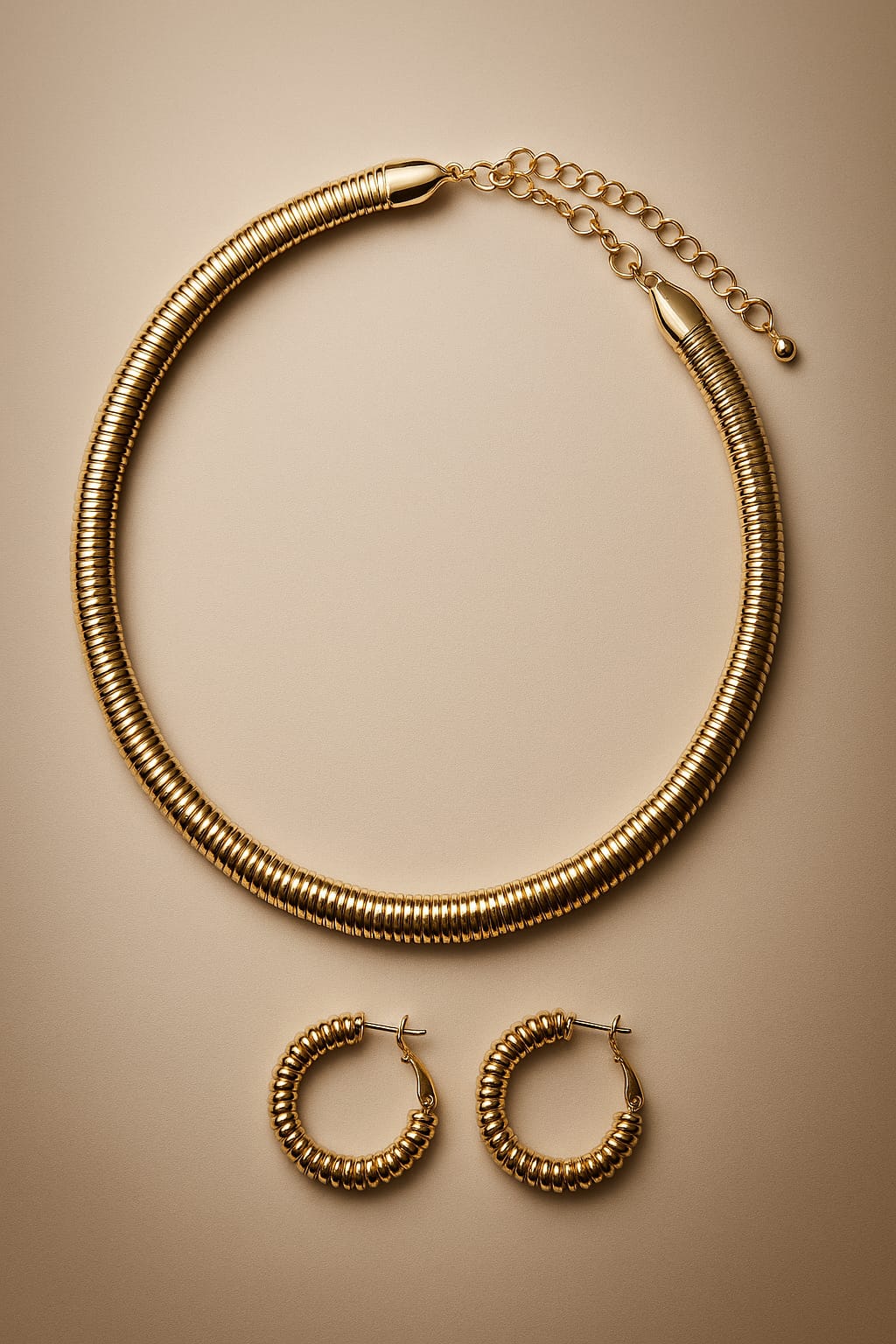 Chic Gold Ribbed Omega Choker Necklace & Matching Hoop Earrings Jewellery Set