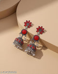 Traditional Red Floral Stud Round Drop Jhumkis | Ethnic Oxidised Silver Earrings for Weddings & Festivals